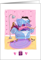 Birthday Lady with cat on Armchair card