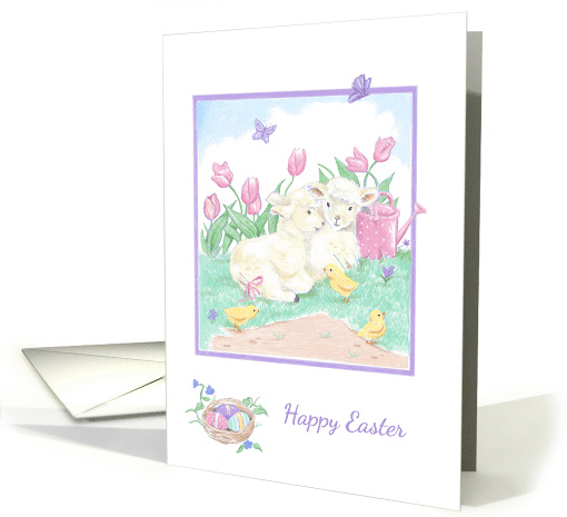 Happy Easter Lambs with Spring Tulips and Chicks card (1604526)