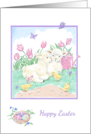 Happy Easter Lambs with Spring Tulips and Chicks card