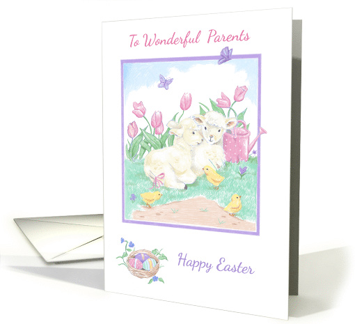 Wonderful Parents Easter Lambs with Spring Tulips and Chicks card