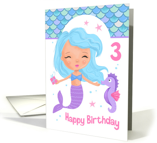 Age 3 Cute Mermaid and Seahorse Birthday card (1620792)