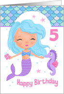 Age 5 Cute Mermaid and Seahorse Birthday card