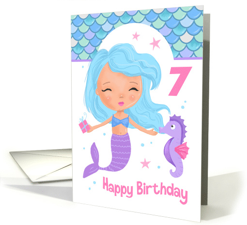Age 7 Cute Mermaid and Seahorse Birthday card (1620798)