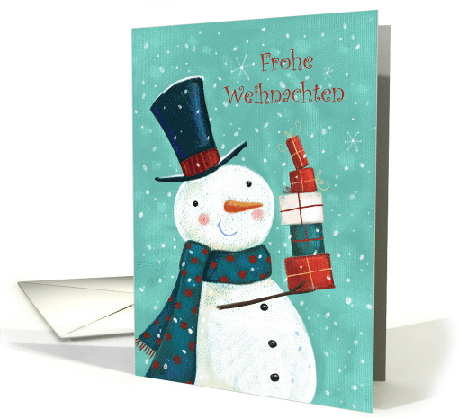German Christmas Greeting Frohe Weihnachten Snowman with gifts card