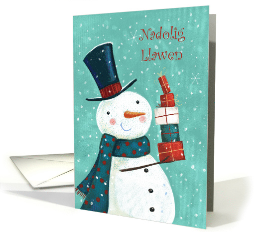 Welsh, Christmas Greeting Nadolig Llawen Snowman with gifts card