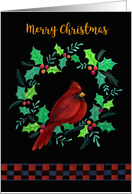 Christmas Red Cardinal in Holly Wreath card
