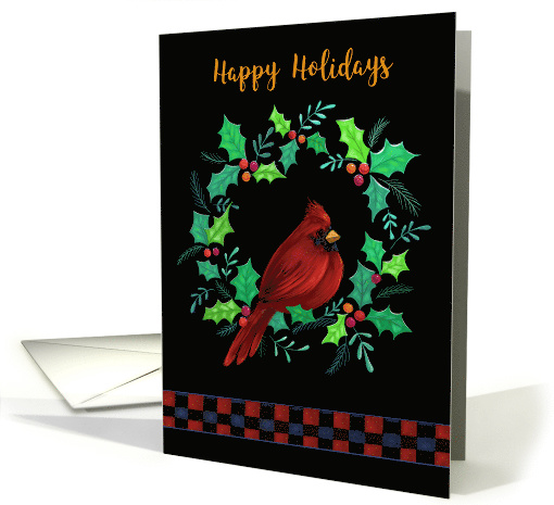 Happy Holidays Red Cardinal in Holly Wreath card (1639868)