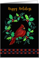 Happy Holidays Red Cardinal in Holly Wreath card