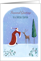 Seasonal Greetings Cousin Santa and Reindeer card