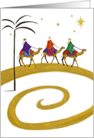 Three Kings on Camels Gold Swirl Star Christmas card