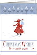 Special Cousin Girl in Red Coat Snow Christmas card