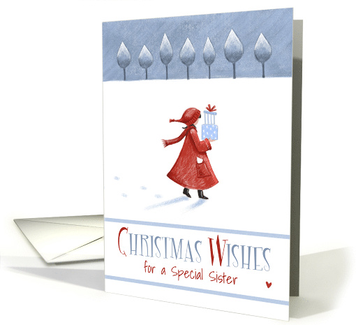 Special Sister in Red Coat Snow Christmas card (1655300)