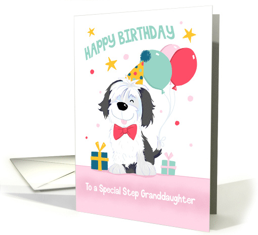 Step Granddaughter Birthday Cute Dog with Balloons and Gifts card