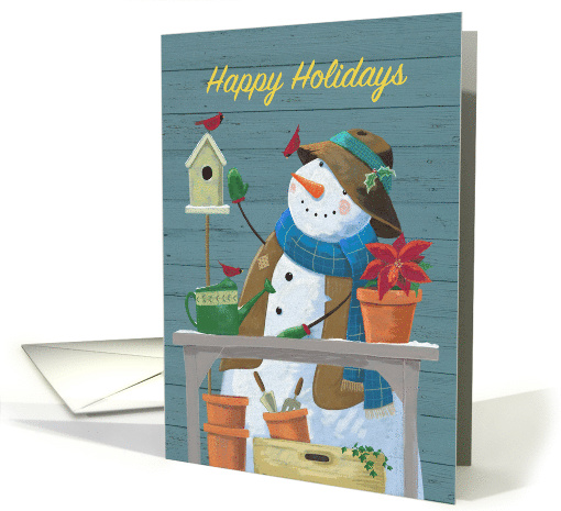 Happy Holiday Gardening Snowman with Red Cardinal Birds card (1661624)