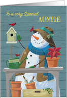 For Auntie Gardening Snowman with Red Cardinal Birds card