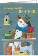 For Brother Gardening Snowman with Red Cardinal Birds card