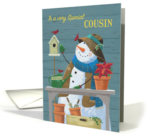 For Cousin Gardening Snowman with Red Cardinal Birds card (1661746)