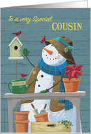 For Cousin Gardening Snowman with Red Cardinal Birds card