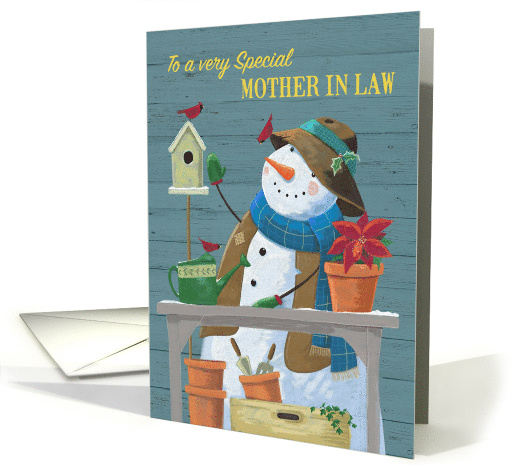 Mother in Law Christmas Gardening Snowman with Red Cardinal Birds card