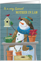 Mother in Law Christmas Gardening Snowman with Red Cardinal Birds card