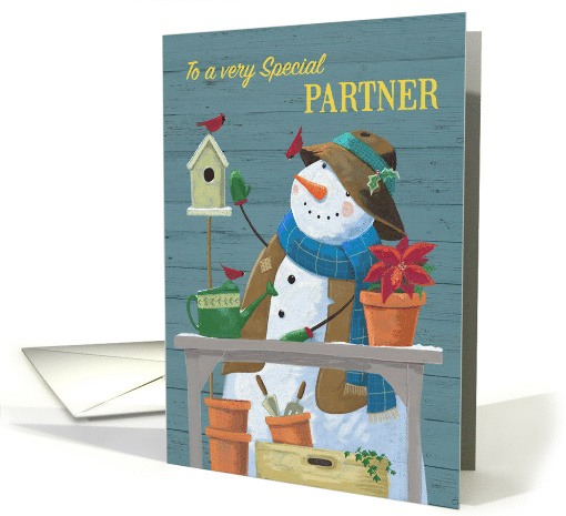 For Partner Christmas Gardening Snowman with Red Cardinal Birds card