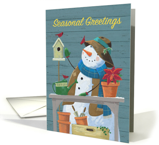 Seasonal Greetings Gardening Snowman with Red Cardinal Birds card