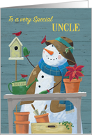 Uncle Gardening Snowman with Red Cardinal Birds card