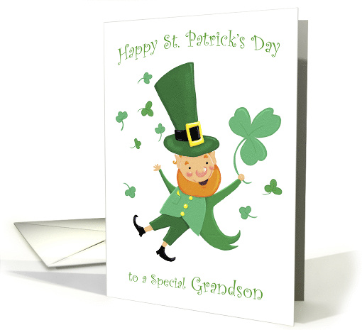 Grandson St Patrick's Day Jolly Leprechaun and shamrocks card