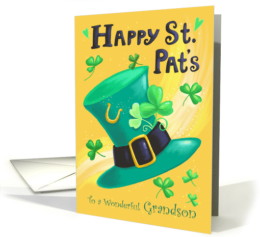 Grandson St Patrick's Day Green Leprechaun Hat and Shamrocks card