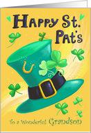 Grandson St Patrick’s Day Green Leprechaun Hat and Shamrocks card