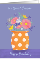 Cousin Birthday Orange Spotty Vase of Flowers card