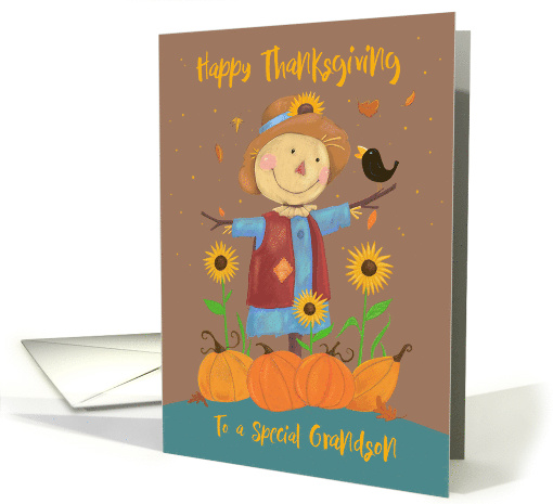 Grandson Happy Thanksgiving Cute Scarecrow with Sunflowers card