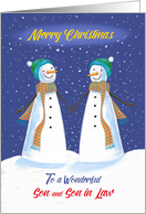 Son and Son in Law Gay Christmas Snowmen Holding Hands card