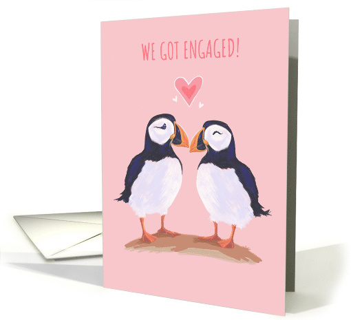 We Got Engaged Adorable Puffin Birds on Pink card (1703702)