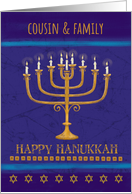 Cousin and Family Hanukkah Gold Menorah Candles Star of David card