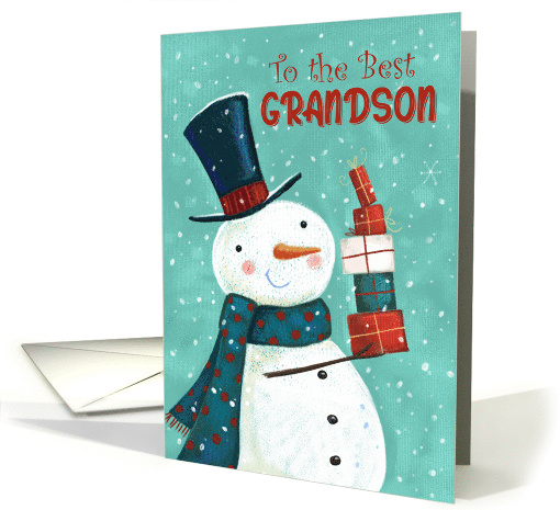 Best Grandson Christmas Snowman with Stack of Presents card (1709510)