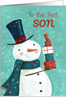 Best Son Christmas Snowman with Stack of Presents card