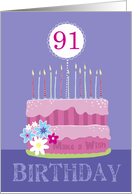 91st Pink Birthday Cake with Candles for Her card