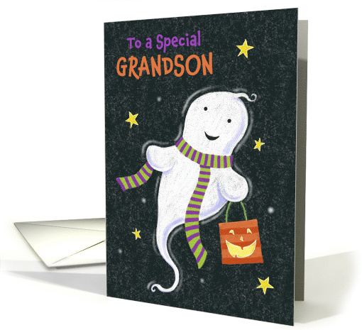 Grandson Halloween Cute Ghost with Jack o Lantern Bag card (1731840)