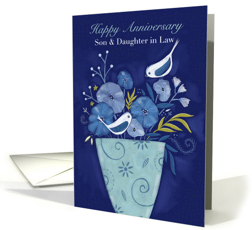 Son and Daughter in Law Happy Anniversary Birds on Floral Vase card
