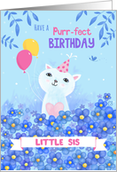 Little Sister Purr-fect Birthday Cat with Hat and Balloons card