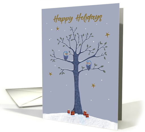 Happy Holidays Christmas Owls on Tree card (1740296)