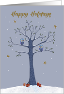 Happy Holidays Christmas Owls on Tree card