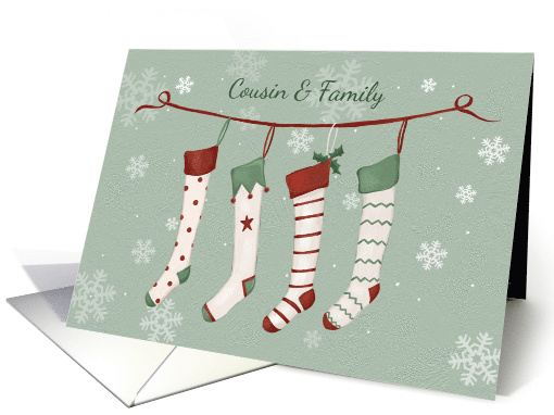 Cousin and Family Christmas Stockings and Snowflakes card (1741494)