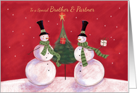 Brother and Partner Christmas Snowmen with Tree and Gifts card