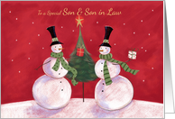 Son and Son in Law Christmas Snowmen with Tree and Gifts card