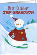 Step Grandson Merry Christmas Skiing Snowman card