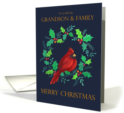 Grandson and Family Christmas Holiday Red Cardinal in Wreath card