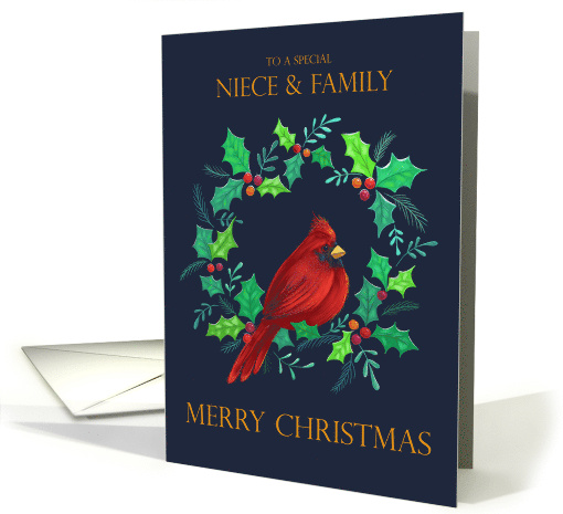 Niece and Family Christmas Holiday Red Cardinal in Wreath card