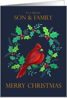 Son and Family Christmas Holiday Red Cardinal in Wreath card